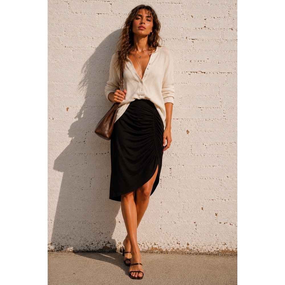 Anthropologie Black Ruched Asymmetrical Mini Skirt Going Out CP7374 0006 XL